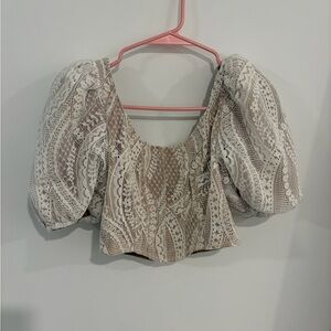SAYLOR Lace Puff Sleeve Blouse in Cream and Brown